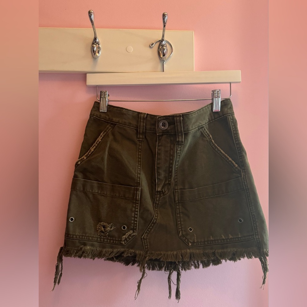 Olive Green Frayed Denim Mini Skirt
